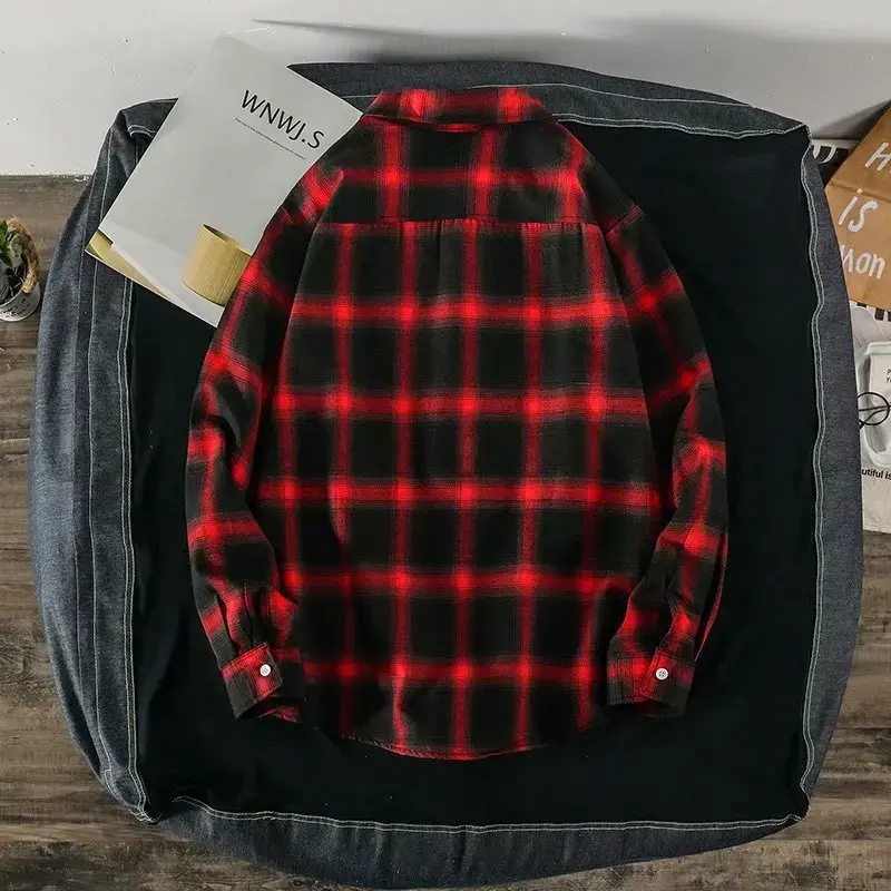Autumn Hong Kong Style Men's Long Sleeve Plaid Shirt Trendy Korean Version Casual Couple's Top Casual Jacket