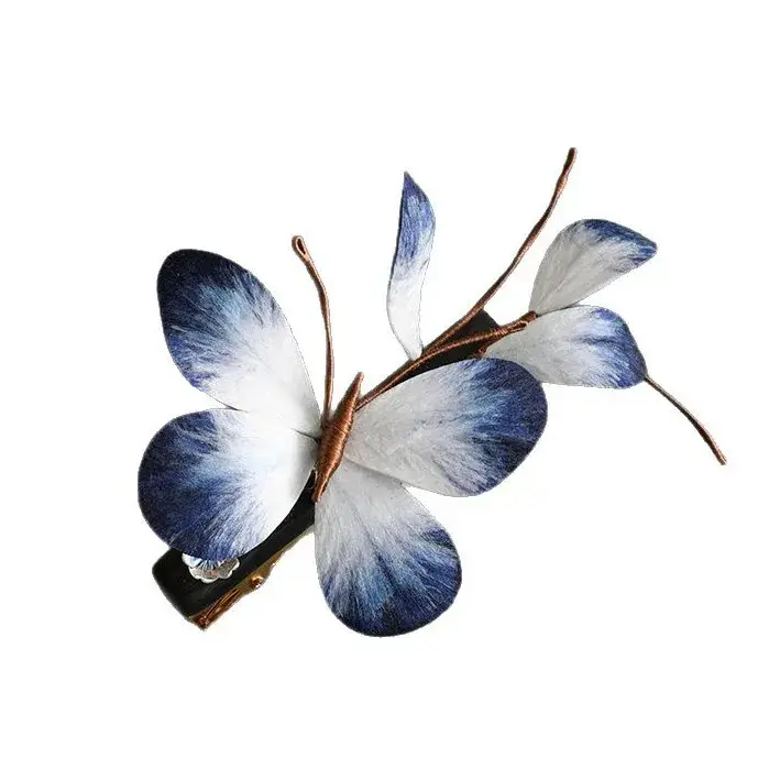 Retro Ink Blue Butterfly Edge Hair Clip Headwear Sandalwood Hair Clamp Elegant National Style Court Accessories Girl Side