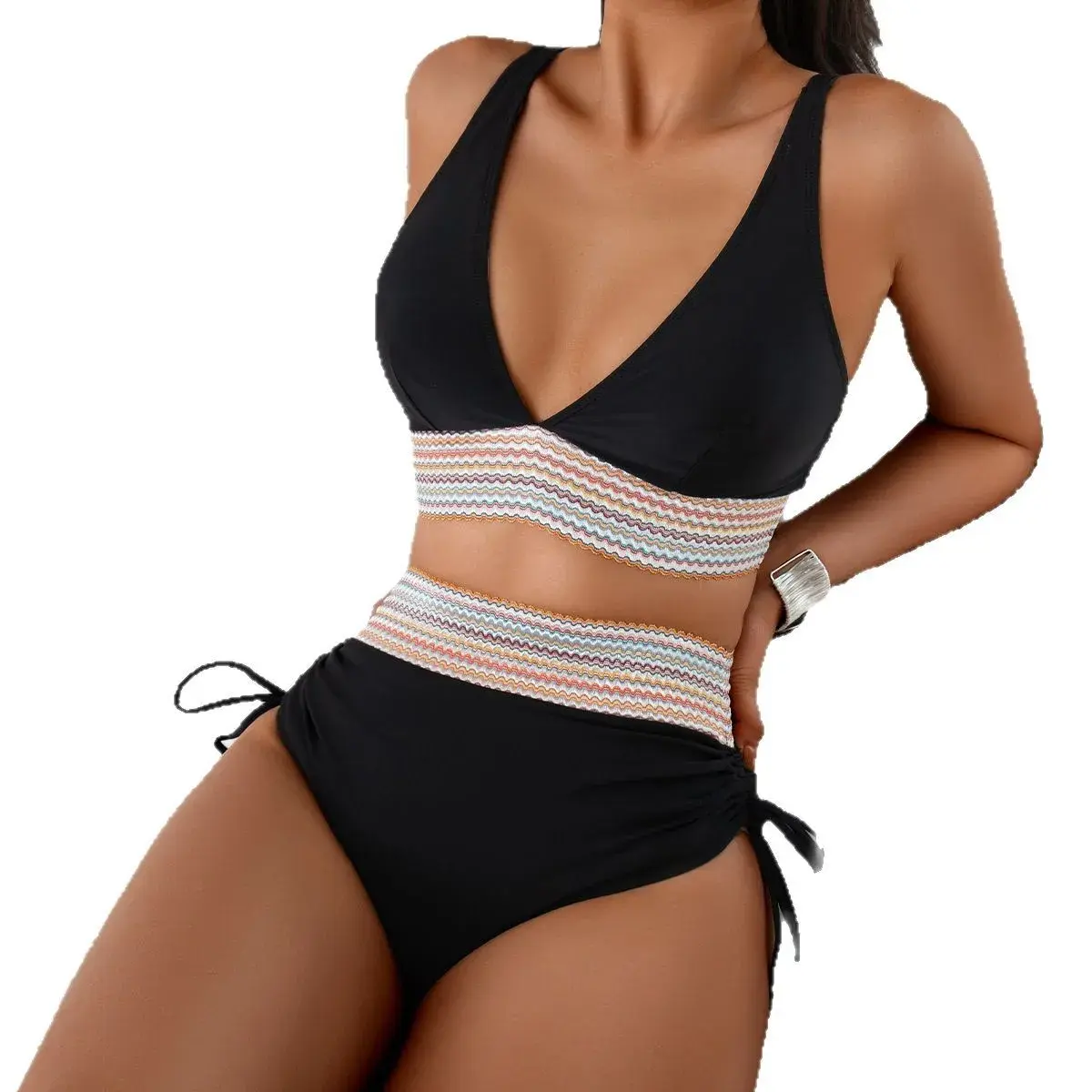 Sexy Deep V Bikini Swimwear 2025 New Crossbody Strap Two-Piece Swimsuit Sensual Swimwear Bandeau Top High Waist Bottoms