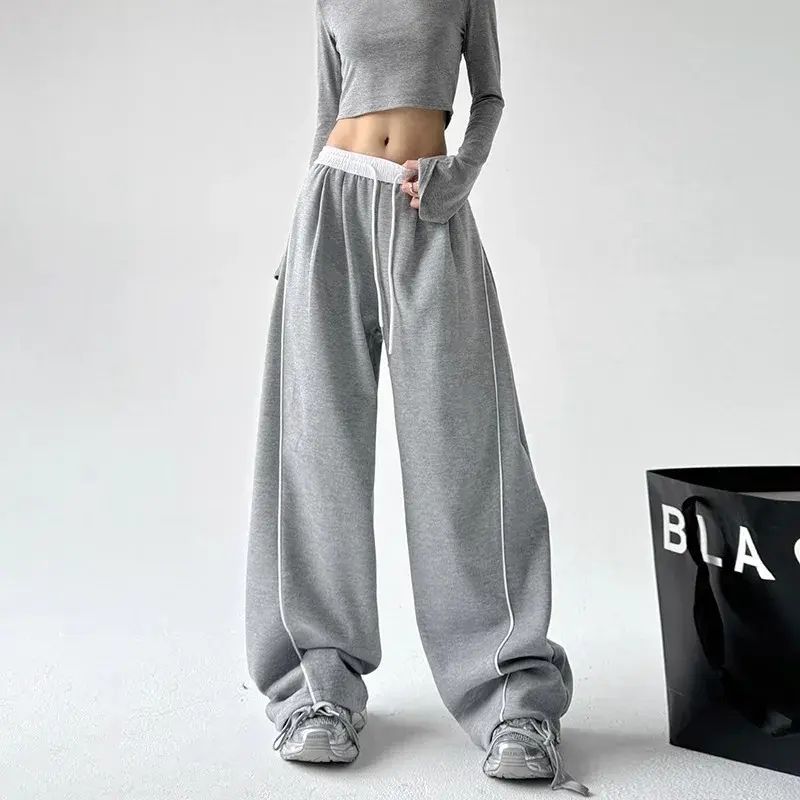 Drawstring Sports Casual Pants Women's Autumn New Wide Leg Straight Tube Loose Floor-Length Patchwork Slimming Trousers