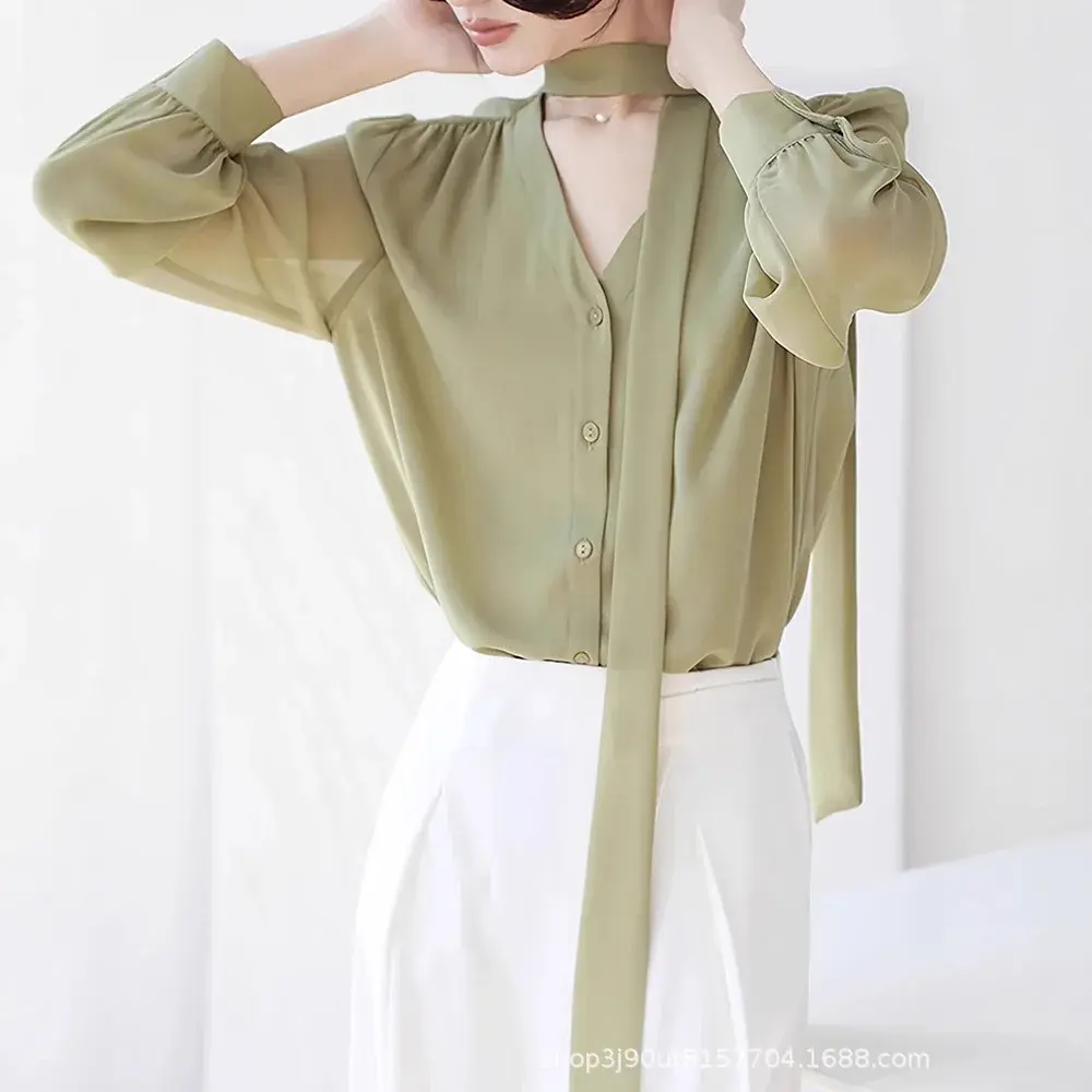 French Style Gentle Sash White Shirt Women's Spring Autumn New Small V-neck Slimming Top Versatile Bubble Sleeve Chiffon Blouse