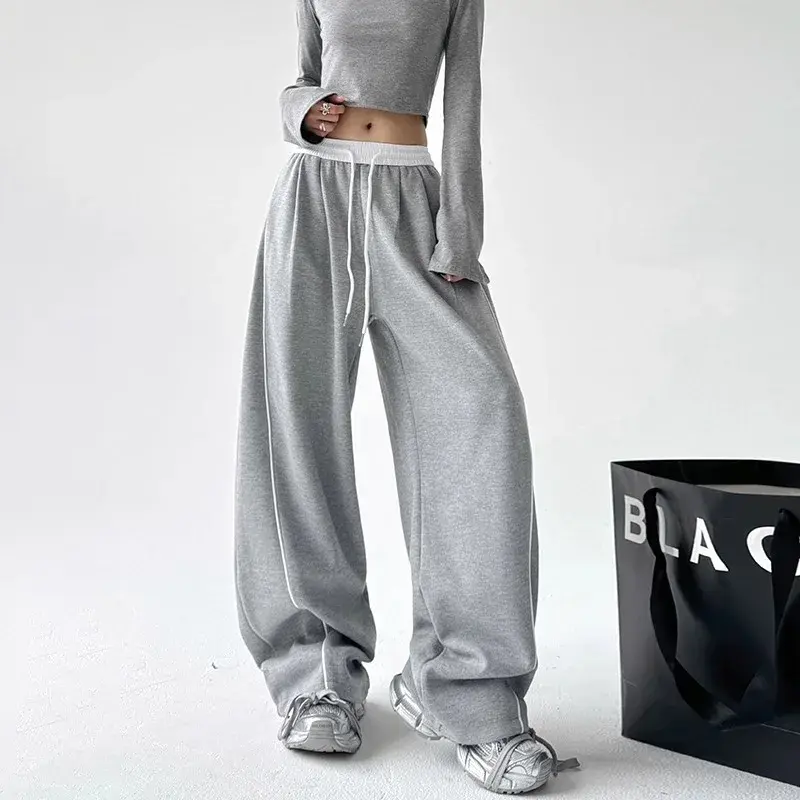 Drawstring Sports Casual Pants Women's Autumn New Wide Leg Straight Tube Loose Floor-Length Patchwork Slimming Trousers