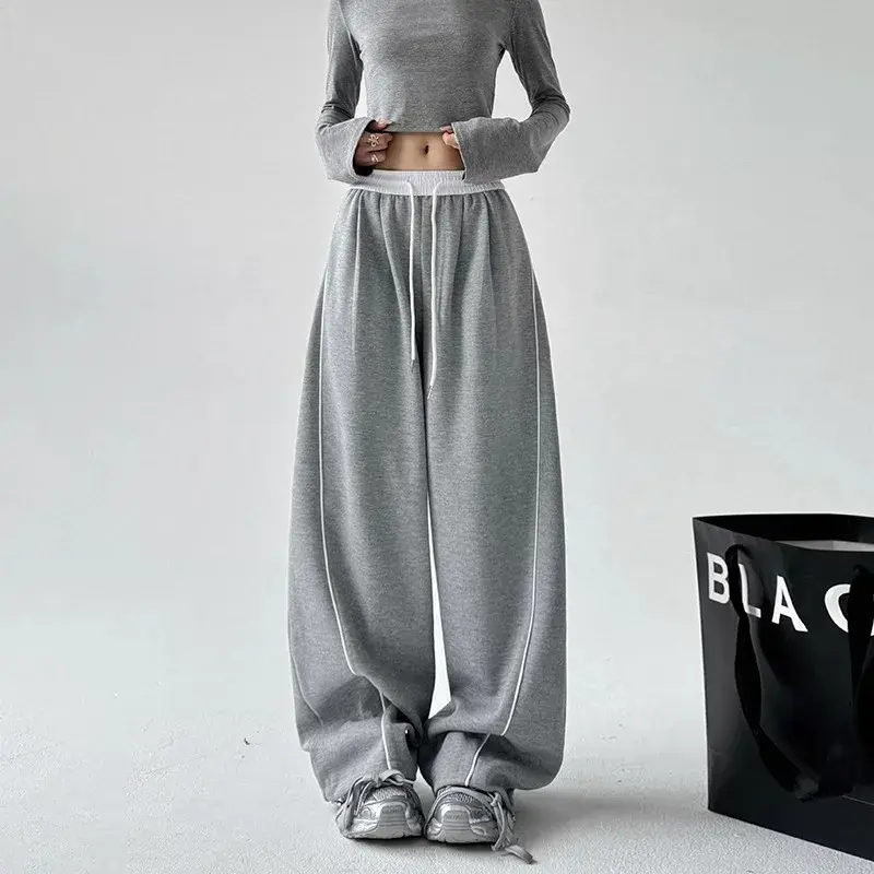 Drawstring Sports Casual Pants Women's Autumn New Wide Leg Straight Tube Loose Floor-Length Patchwork Slimming Trousers