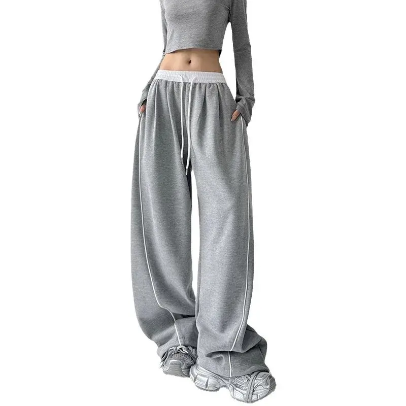 Drawstring Sports Casual Pants Women's Autumn New Wide Leg Straight Tube Loose Floor-Length Patchwork Slimming Trousers