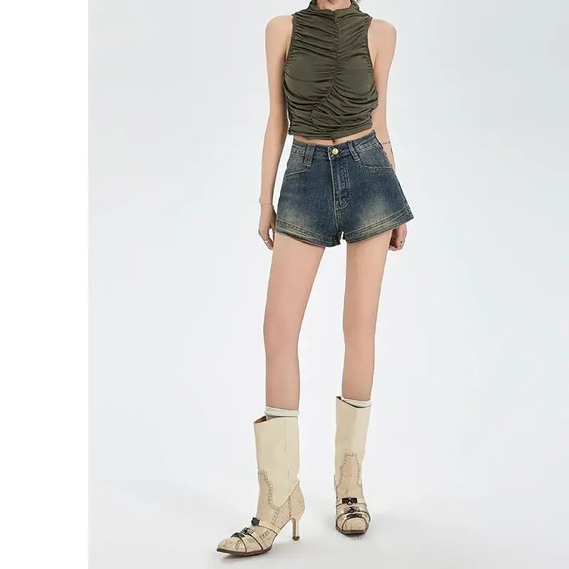 American Retro High Waist Denim Shorts Women Summer New Sexy Tight Slim A- Line Wrap Hot Pants Cotton Lightweight Made in China