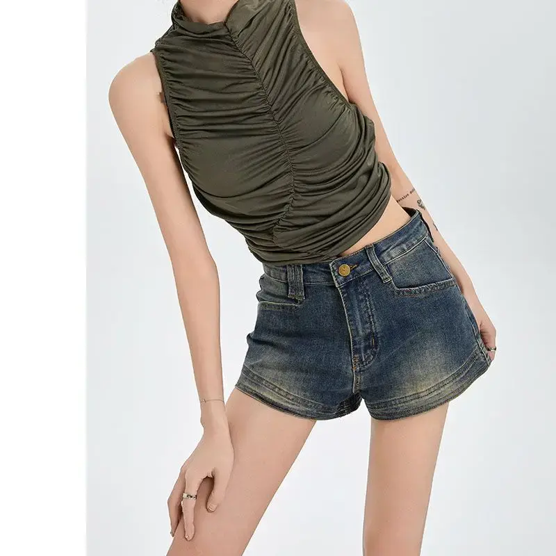 American Retro High Waist Denim Shorts Women Summer New Sexy Tight Slim A- Line Wrap Hot Pants Cotton Lightweight Made in China
