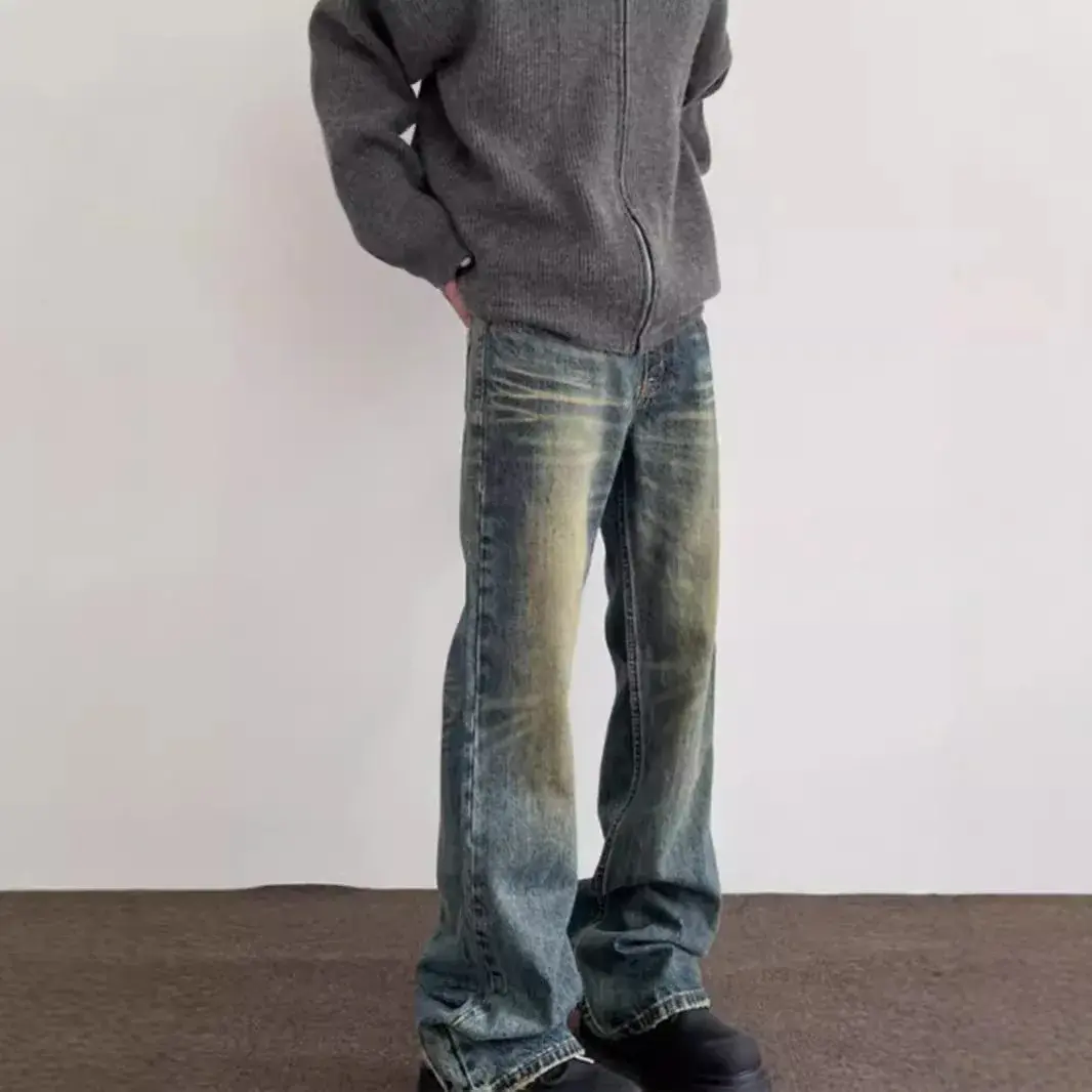 Vintage American Style Men's Straight-Leg Slimming Long Jeans Distressed Washing Denim Pants Trendy Brand Bootcut Pants