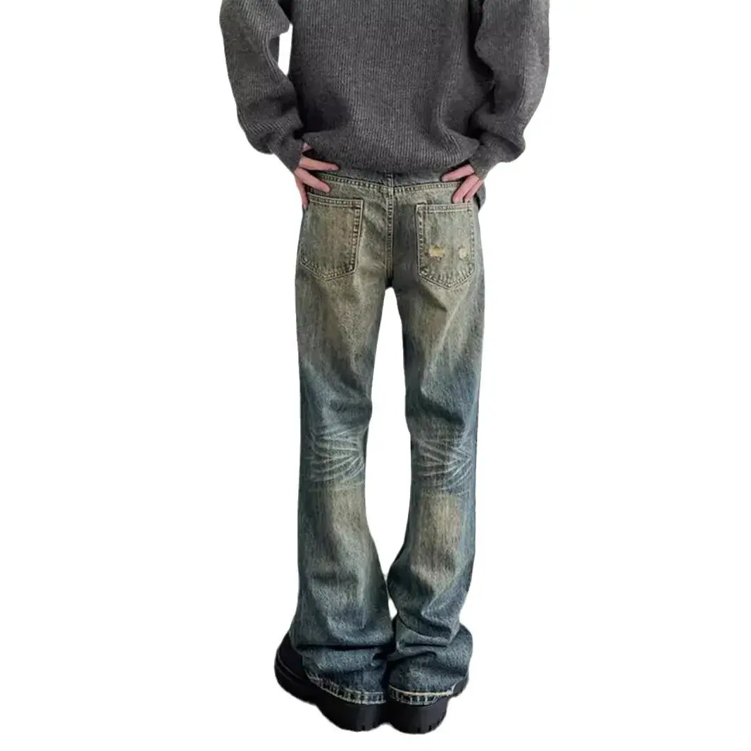 Vintage American Style Men's Straight-Leg Slimming Long Jeans Distressed Washing Denim Pants Trendy Brand Bootcut Pants