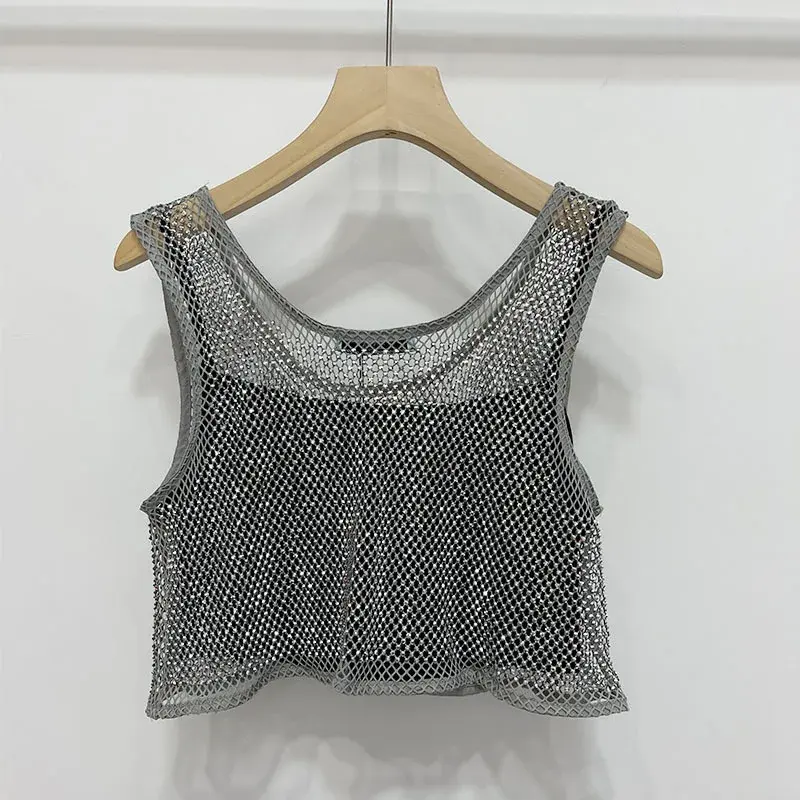 Spring 2022 New Luxury Lightweight Hollow Out Cropped Vest Top Sexy Aesthetic Diamond Embellished Polyester Fiber Tank Top