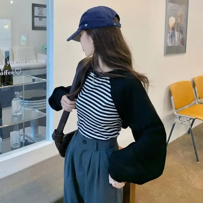 Women's Oversize Sweatshirt Loose Fit Design Sensation Autumn Trendy Top Color Block round Neck Full Sleeve Thin Summer