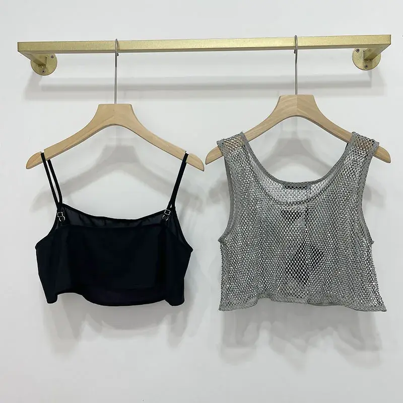 Spring 2022 New Luxury Lightweight Hollow Out Cropped Vest Top Sexy Aesthetic Diamond Embellished Polyester Fiber Tank Top