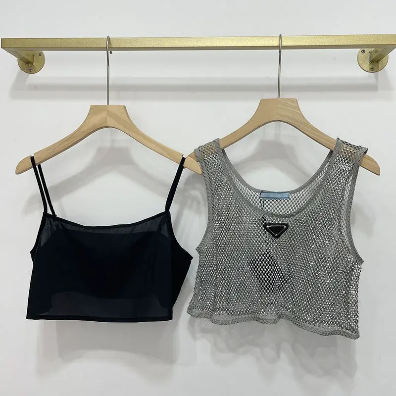 Spring 2022 New Luxury Lightweight Hollow Out Cropped Vest Top Sexy Aesthetic Diamond Embellished Polyester Fiber Tank Top