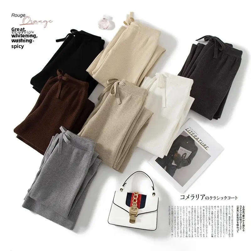 New Women's Knitted Thickened High Waist Elastic Wide Leg Pants Warm Base Layer Pants Floor Length Straight Cut Trousers
