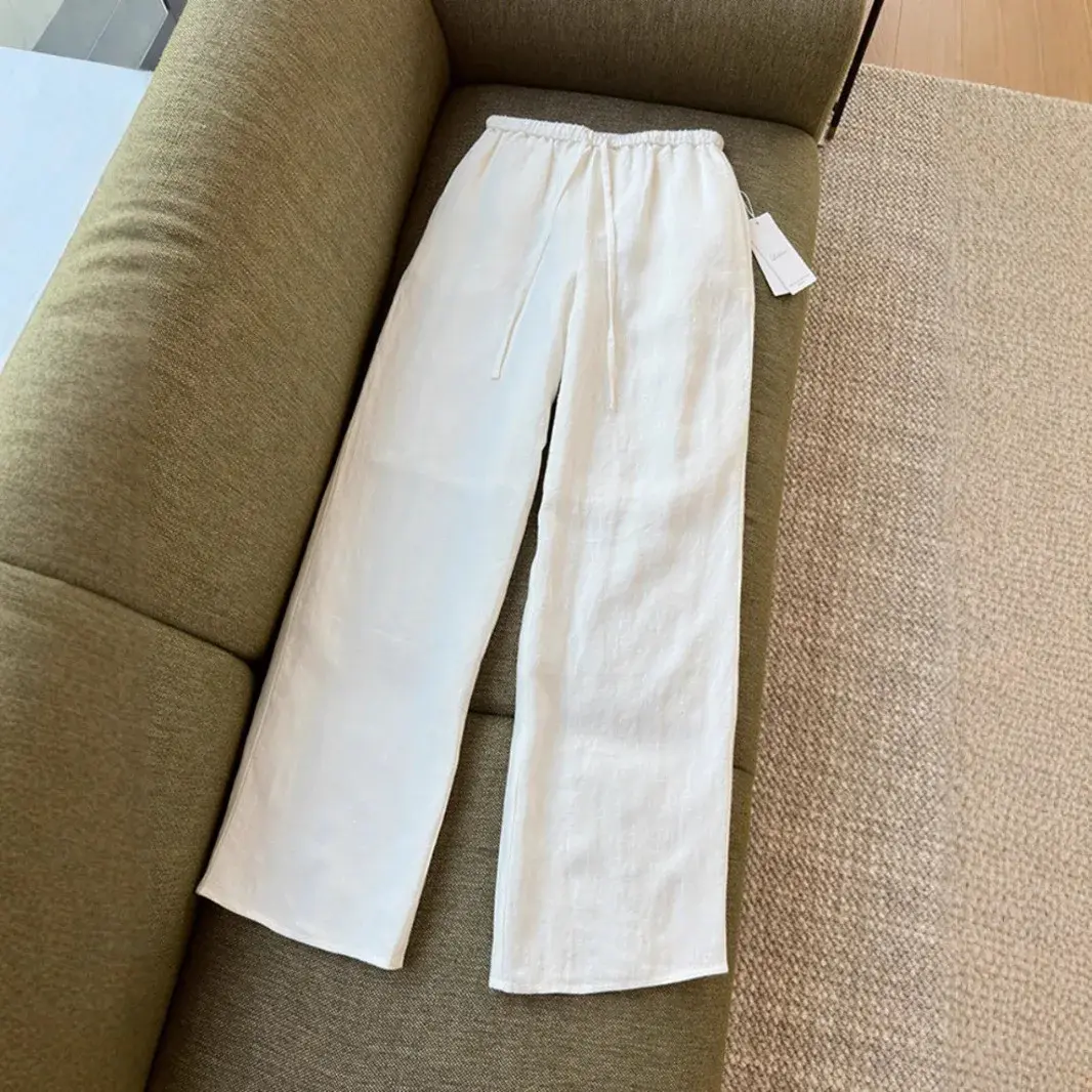 Comfortable Pure Linen Straight Leg Pants with Elastic Waist And Belt Design Ideal for Women High Quality Product Recommended