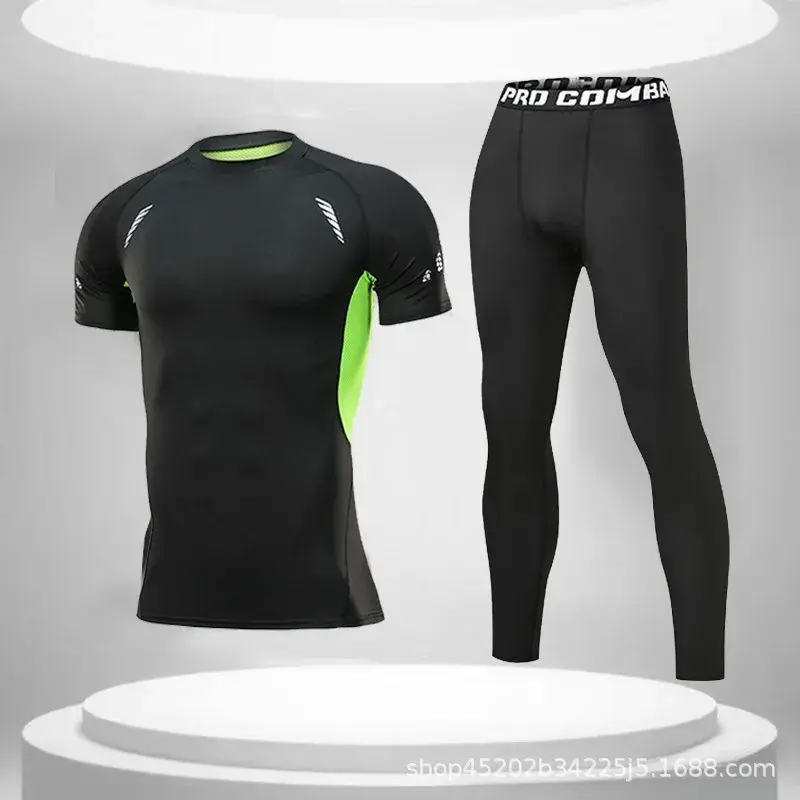 Men's Fitness Morning Run Suit Ice Silk Quick Dry Swimming Trunks Cycling Tight Bodygear round Neck Sportswear from Mainland Chi