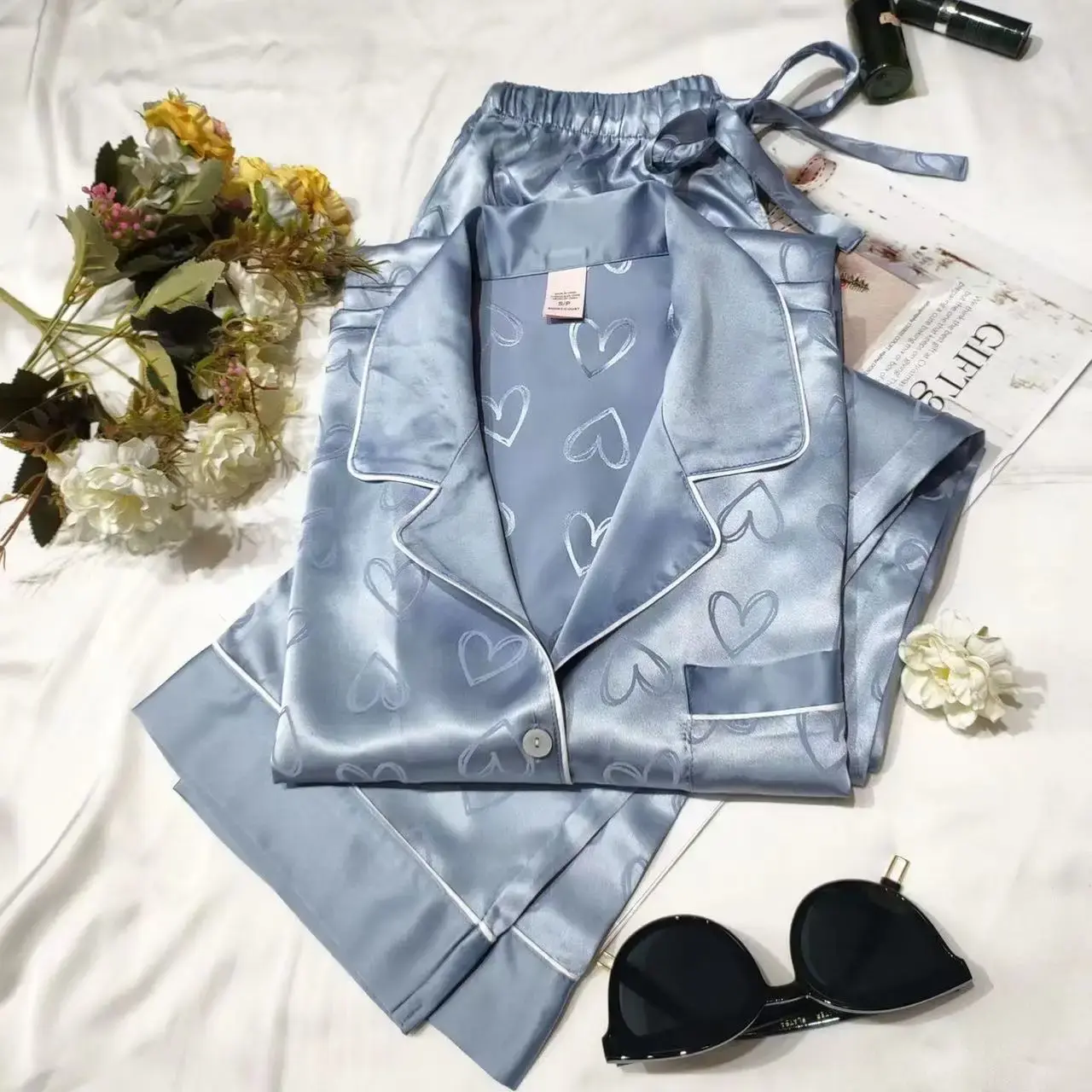 High-end Feelwomen's Ice Silk Long Sleeve Pajama Set 2023 New Arrival Popular Heart Design Summer Thin Homewear For Students