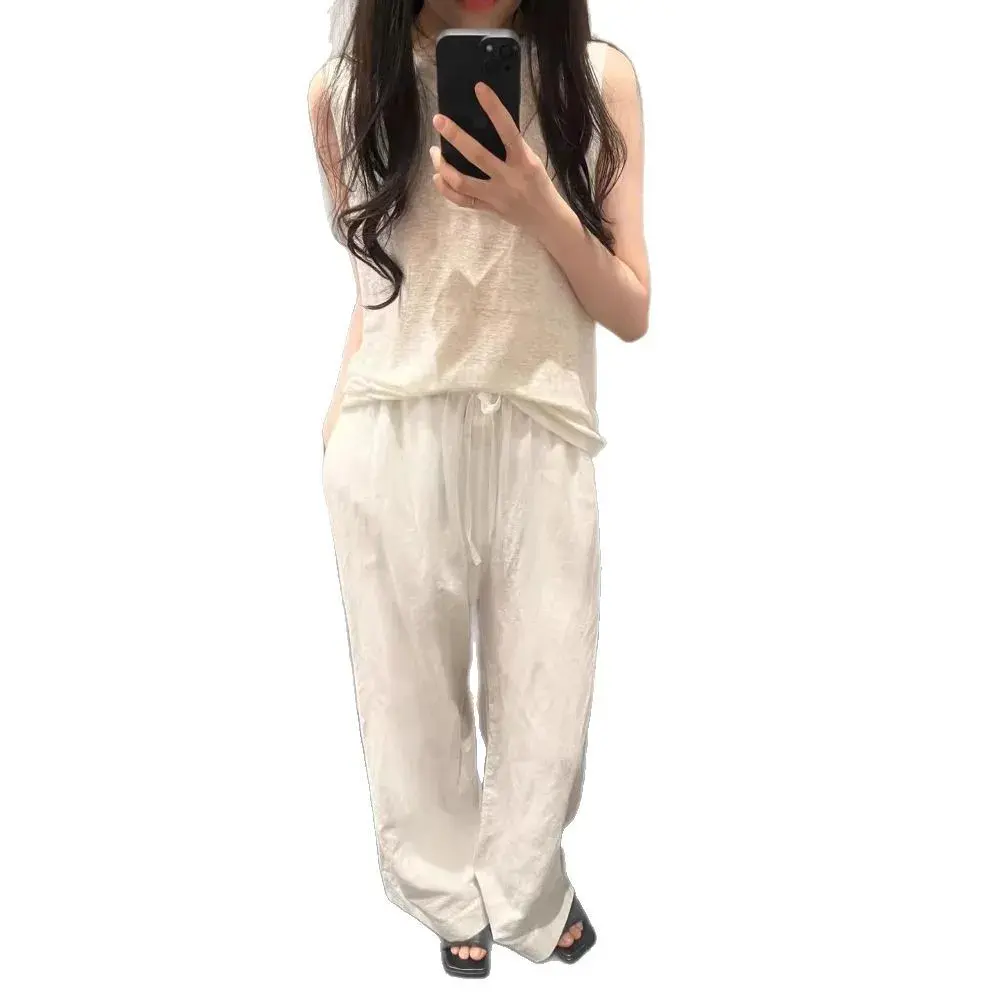 Comfortable Pure Linen Straight Leg Pants with Elastic Waist And Belt Design Ideal for Women High Quality Product Recommended