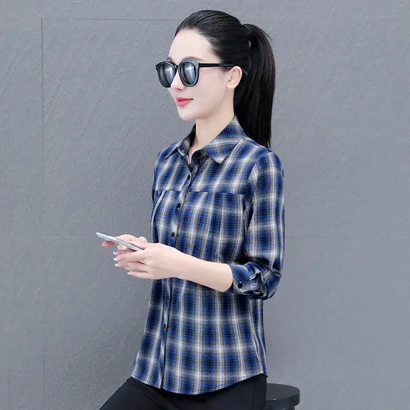 Elegant Plaid Cotton Shirt For Women Long Sleeve Autumn New Style Versatile Fashionable Small Size Loose Fit Elegant Jacket