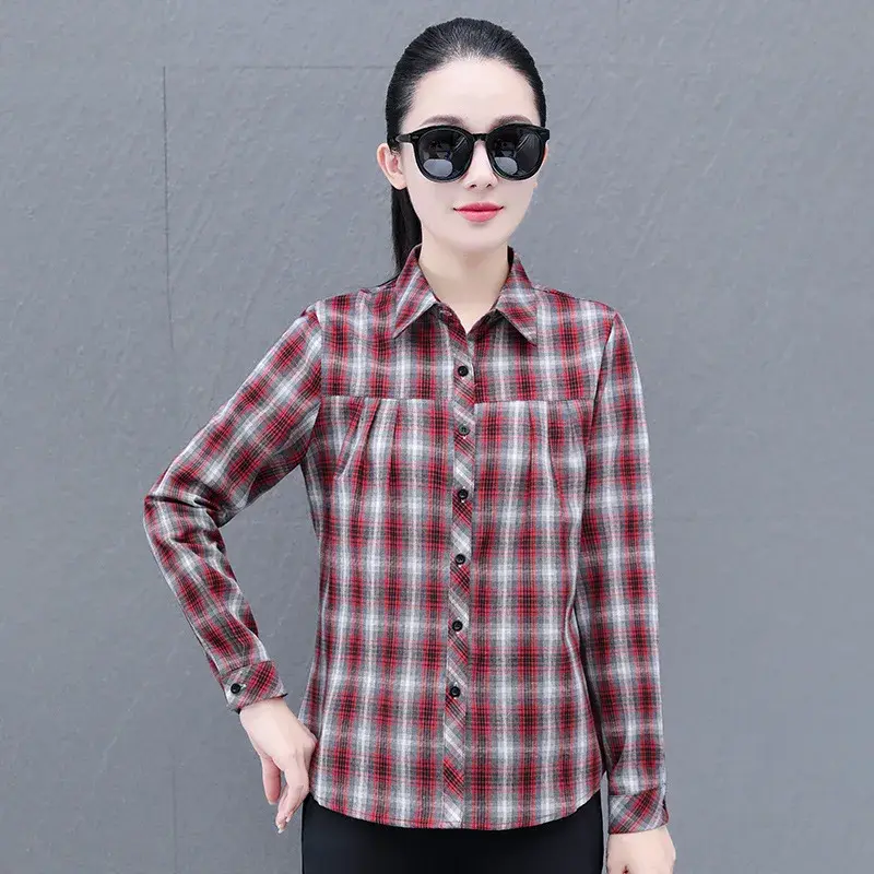 Elegant Plaid Cotton Shirt For Women Long Sleeve Autumn New Style Versatile Fashionable Small Size Loose Fit Elegant Jacket