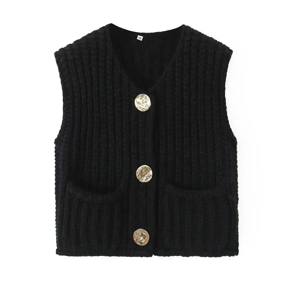 Amazon Cross-Border 2025 Spring And Autumn New Women's Clothing European Style Pocket Sleeveless Cropped Knitted Cardigan Vest