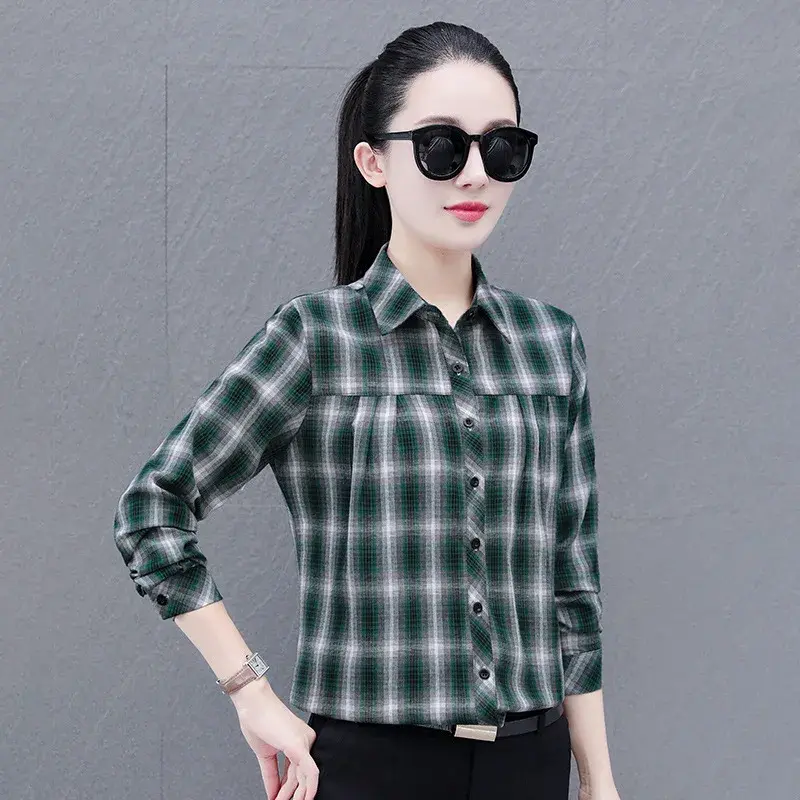 Elegant Plaid Cotton Shirt For Women Long Sleeve Autumn New Style Versatile Fashionable Small Size Loose Fit Elegant Jacket