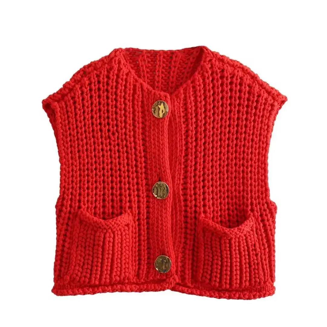 Amazon Cross-Border 2025 Spring And Autumn New Women's Clothing European Style Pocket Sleeveless Cropped Knitted Cardigan Vest