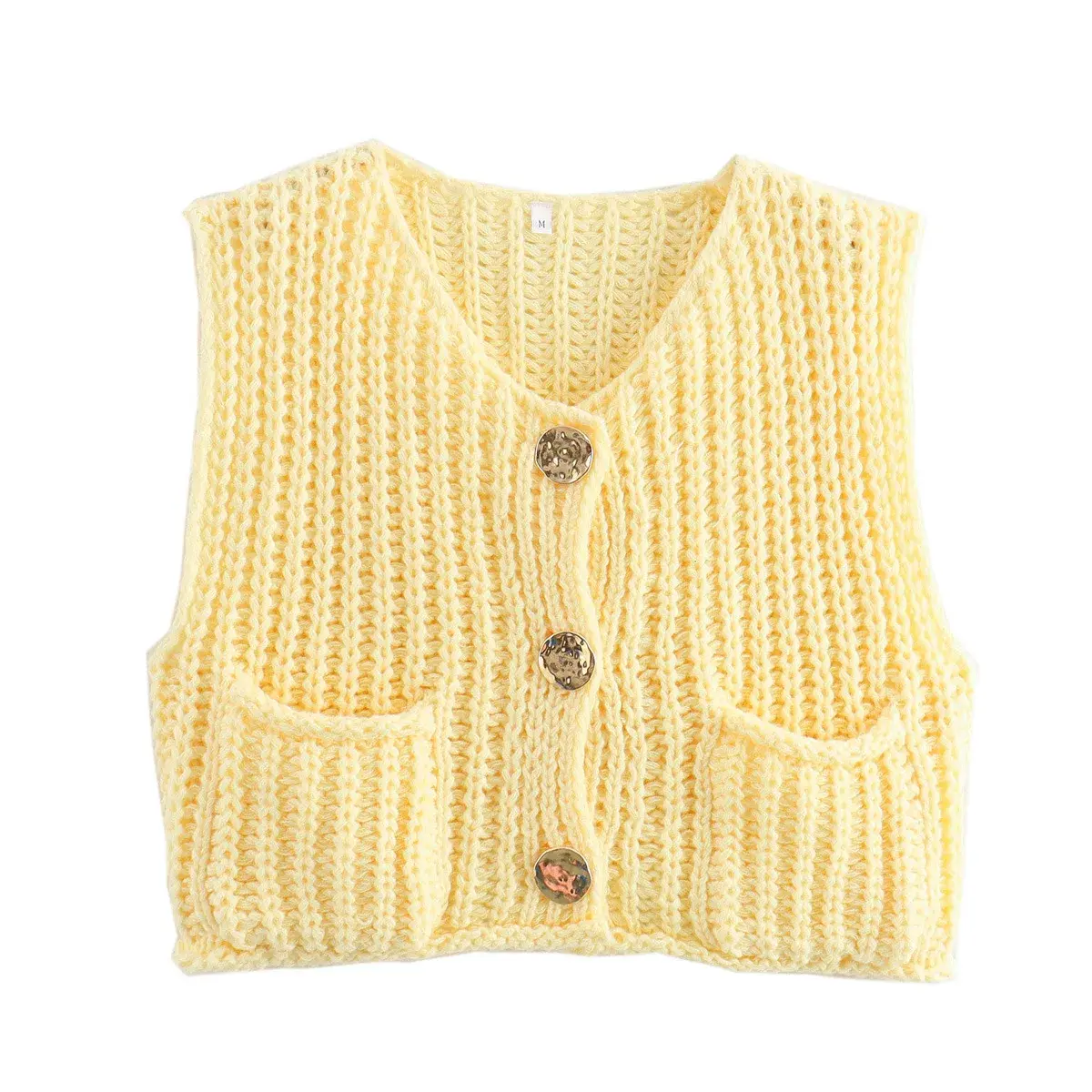 Amazon Cross-Border 2025 Spring And Autumn New Women's Clothing European Style Pocket Sleeveless Cropped Knitted Cardigan Vest