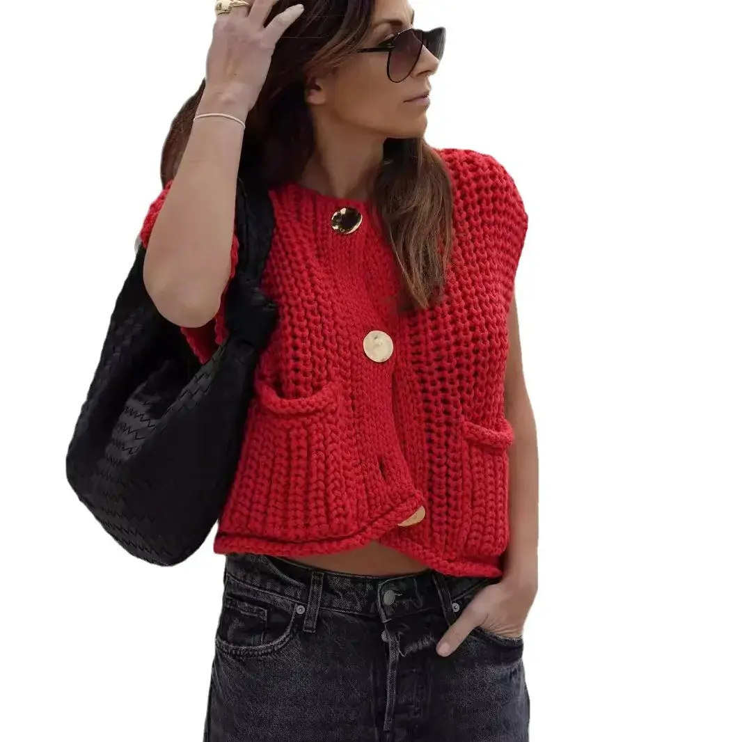 Amazon Cross-Border 2025 Spring And Autumn New Women's Clothing European Style Pocket Sleeveless Cropped Knitted Cardigan Vest