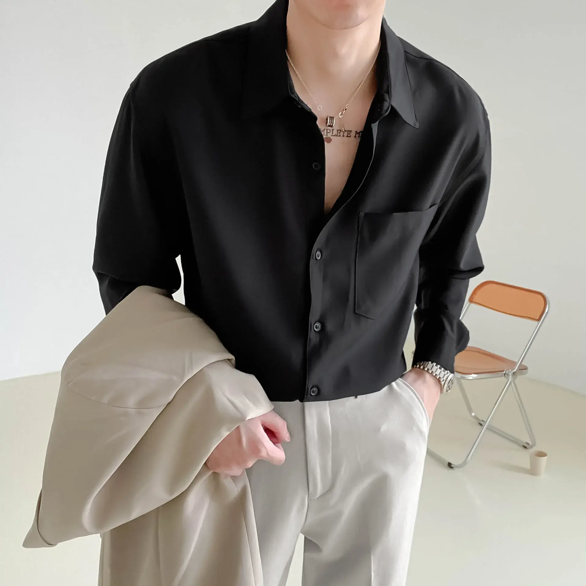 Men's Long Sleeve Shirt Spring Autumn Casual Korean Style Pure Color Drapey No Ironing Versatile Fashion New Model