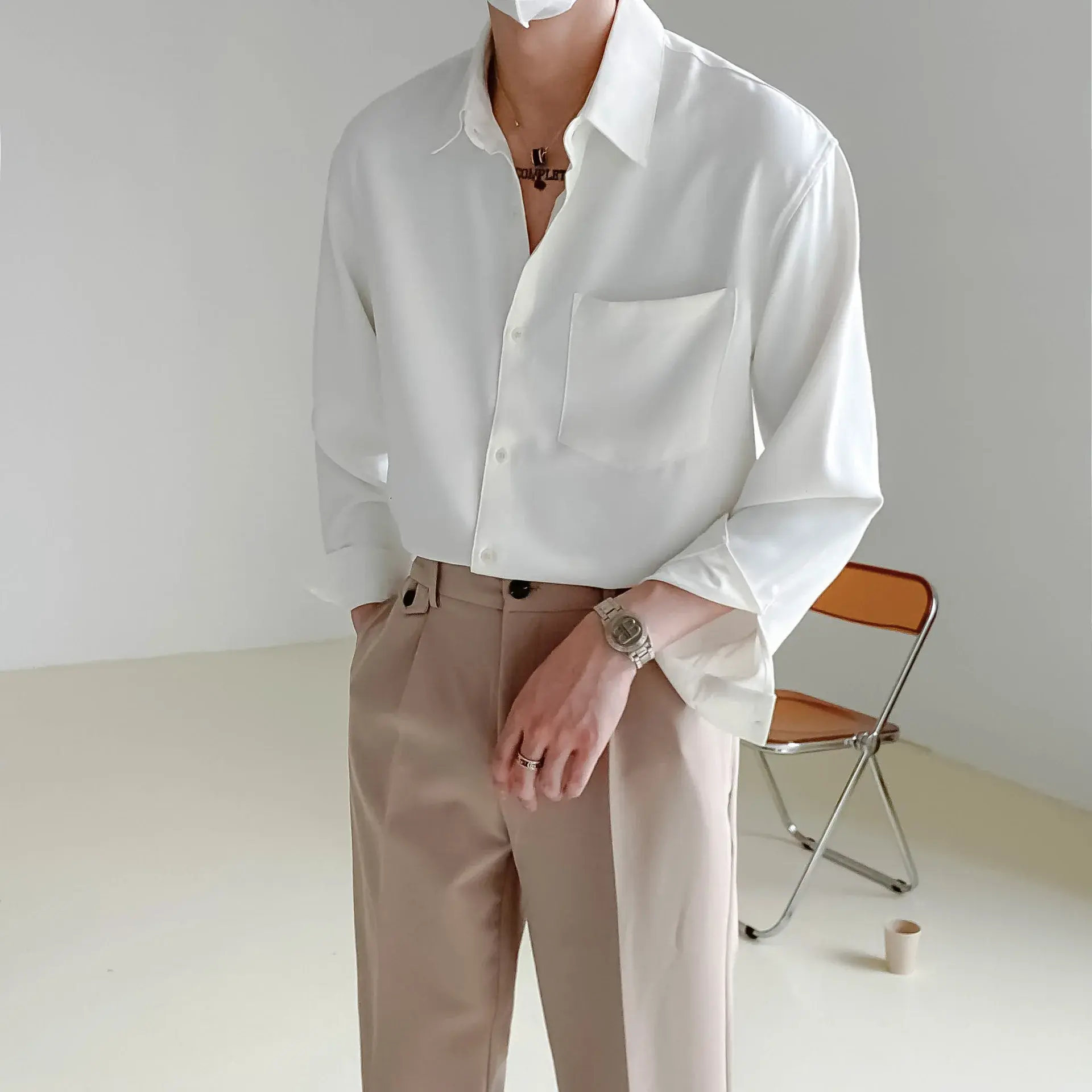 Men's Long Sleeve Shirt Spring Autumn Casual Korean Style Pure Color Drapey No Ironing Versatile Fashion New Model