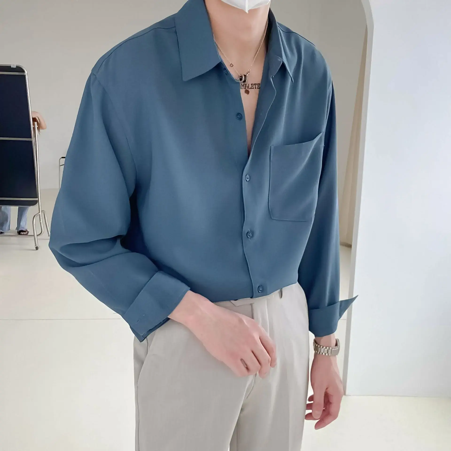 Men's Long Sleeve Shirt Spring Autumn Casual Korean Style Pure Color Drapey No Ironing Versatile Fashion New Model
