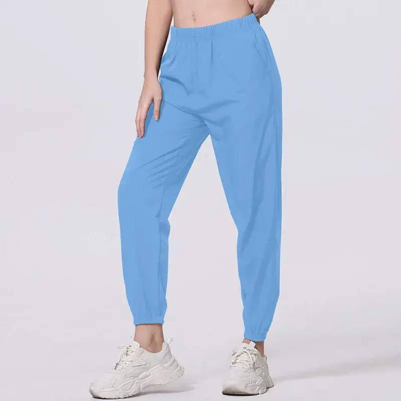 Casual Summer Pure Color Women's Basic Pocket Long Pants Sports Nine Points Cuffed Trousers Versatile Loose Fit Female Model