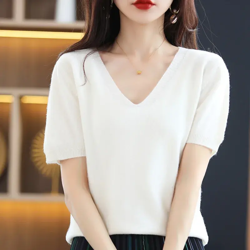 Summer New Knit Short Sleeve V-Neck Slimming Cropped Top For Women Elegant Smooth Slim Fit Half Sleeve Inner Outer Wear Design