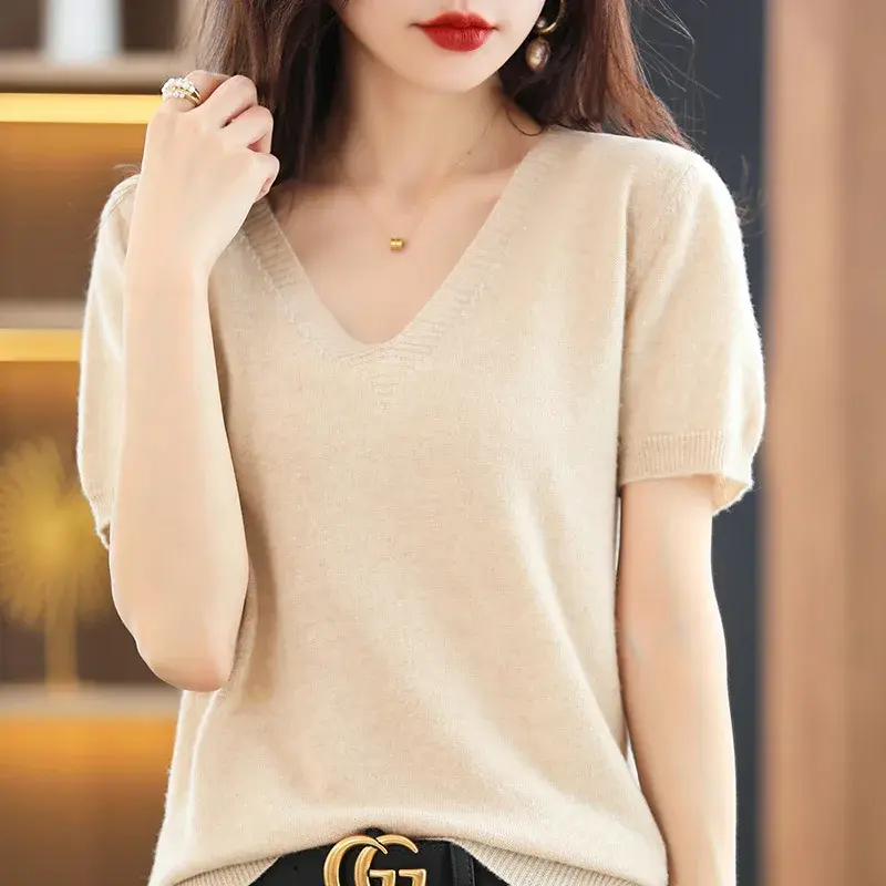 Summer New Knit Short Sleeve V-Neck Slimming Cropped Top For Women Elegant Smooth Slim Fit Half Sleeve Inner Outer Wear Design