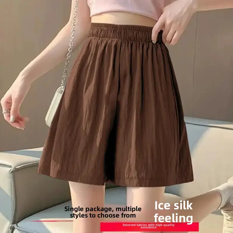 High Waist Ice Silk Wide Leg Short Pants Women's Summer Loose plus Size Straight Leg Pants Slimming Casual Five-Point Pants
