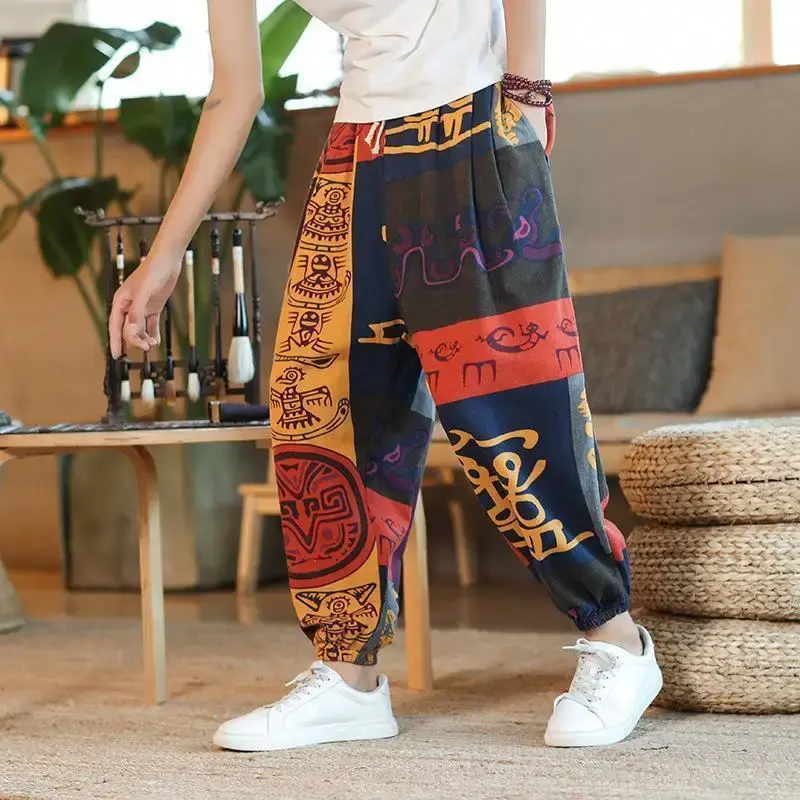 Thai Waist Cotton Linen Cropped Pants Loose Fit Casual Men's Pants Asian Style Summer Lightweight Trendy Sweatpants