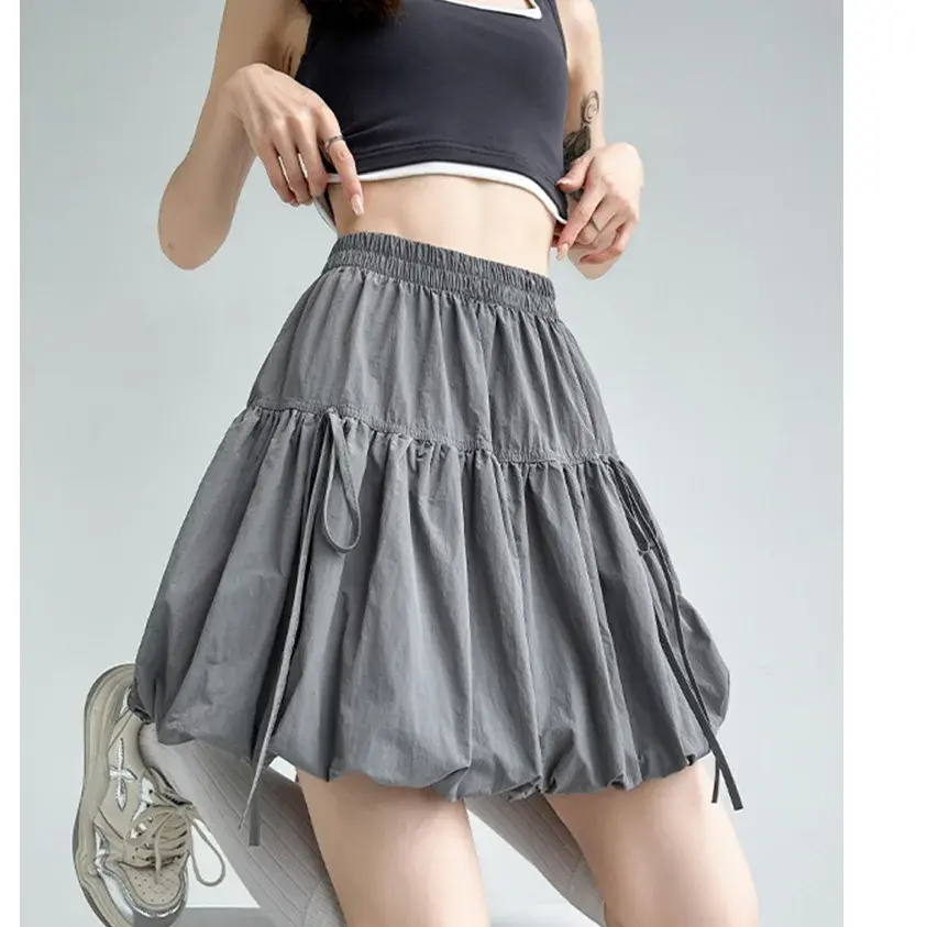 High Waist Grey Puffy Flower Bud Short Skirt Women's Summer A- Line Half Skirt Pants Skirt Style None( AE Stock) China Origin