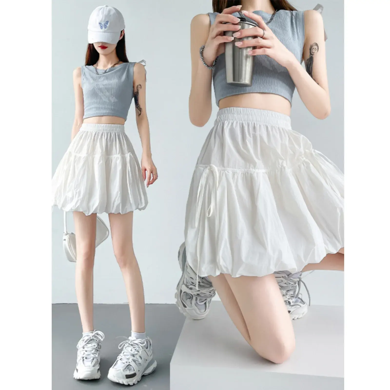 High Waist Grey Puffy Flower Bud Short Skirt Women's Summer A- Line Half Skirt Pants Skirt Style None( AE Stock) China Origin