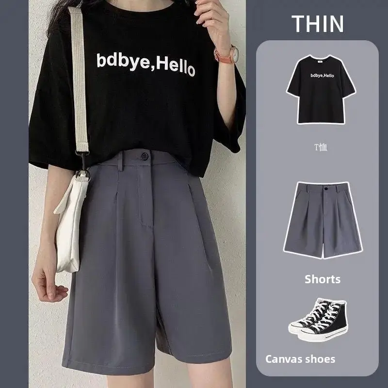 Women's Suit Shorts High Waist Straight Loose Thin Summer Spring Hong Kong Style A- Line Casual Pants Five-Quarter Length