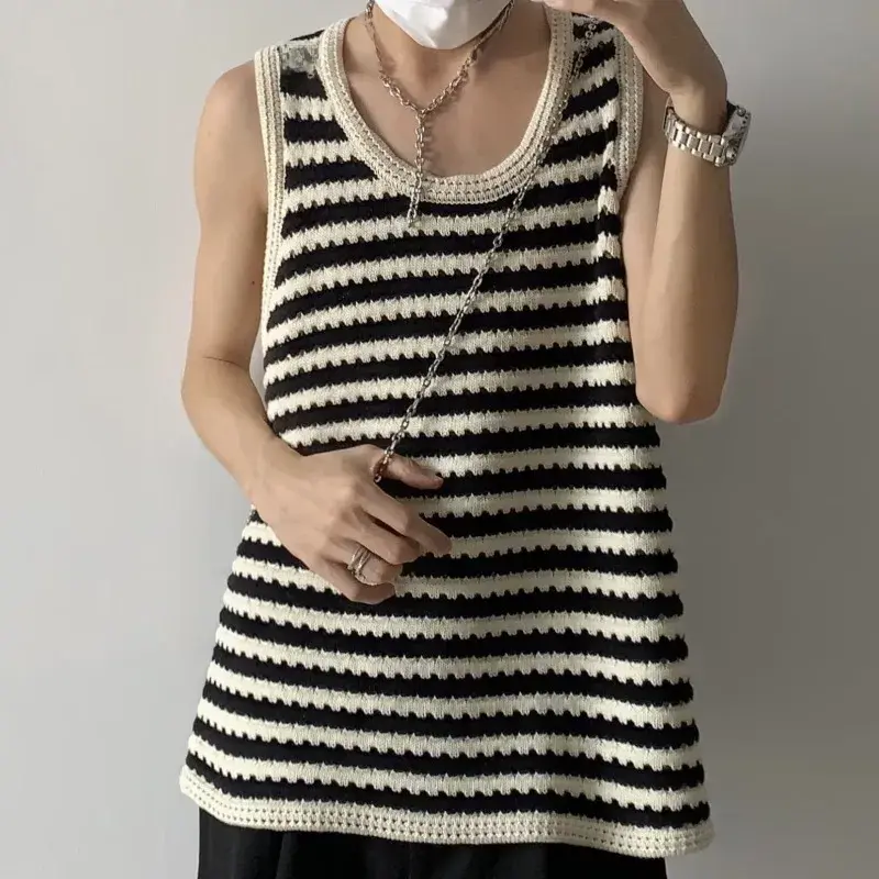 American Vintage Striped Knit Vest Men's Summer Outerwear Niche Design Loose-fit Casual Shoulder Vest Top
