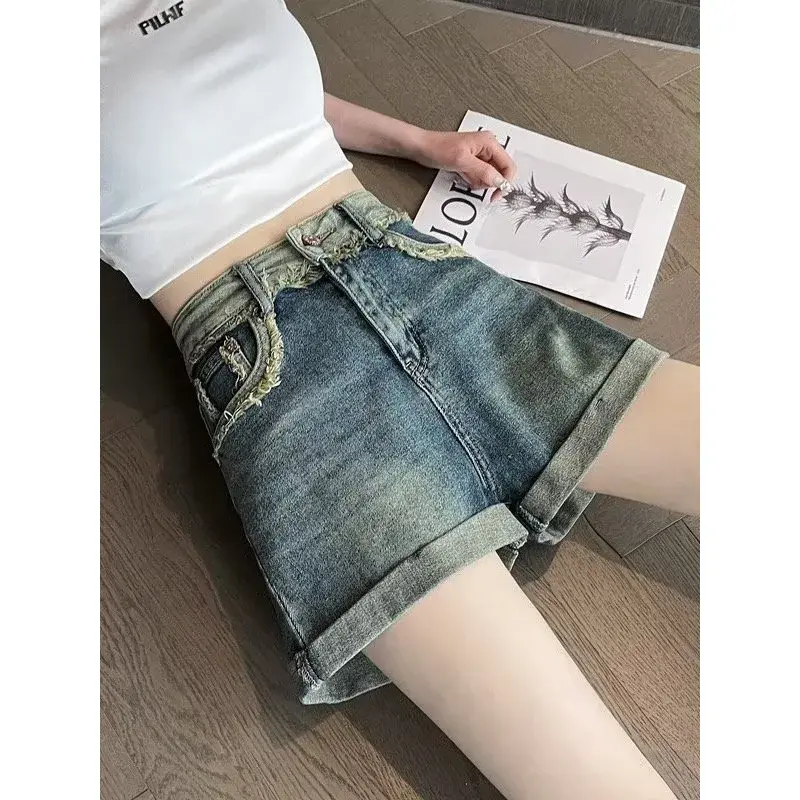 High Waist A- Line Denim Shorts Women's Summer Thin New Color Block Frayed Slimming Wide Leg Hot Pants Lightweight Casual Shorts