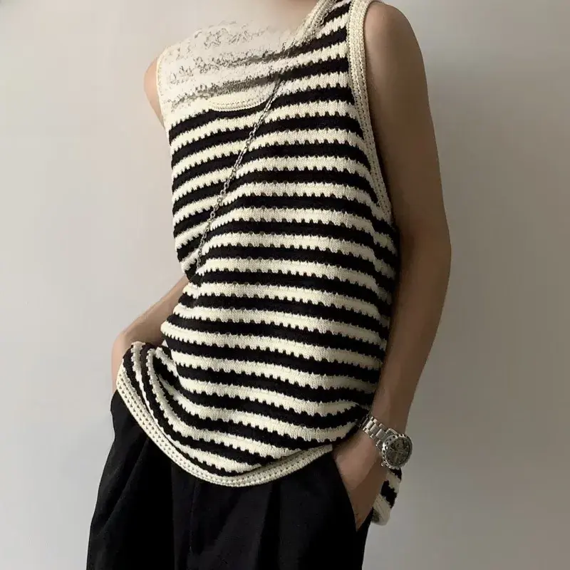 American Vintage Striped Knit Vest Men's Summer Outerwear Niche Design Loose-fit Casual Shoulder Vest Top
