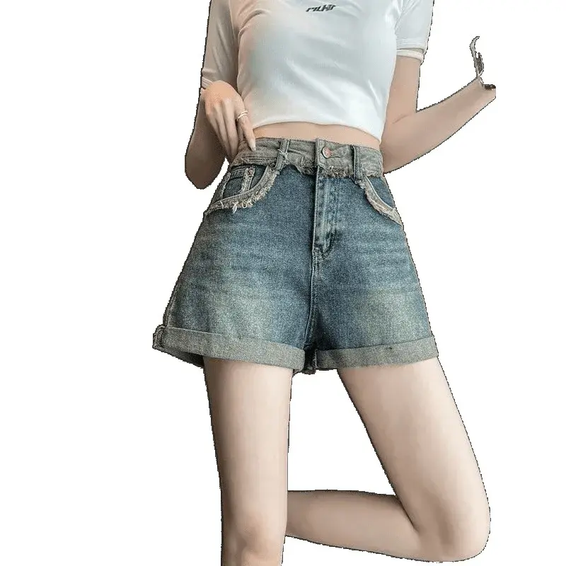 High Waist A- Line Denim Shorts Women's Summer Thin New Color Block Frayed Slimming Wide Leg Hot Pants Lightweight Casual Shorts