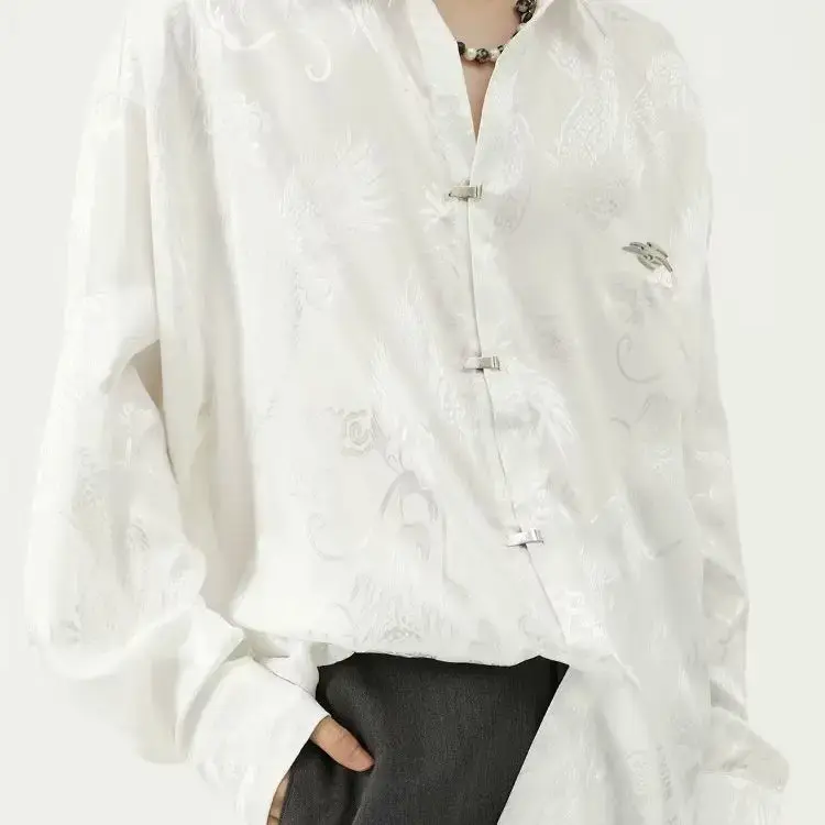 New Chinese Style Dragon Pattern Jacquard Silk Shirt For Men Casual Metal Buckle Dull Black Aesthetic Neutral Loose-fit Shirt