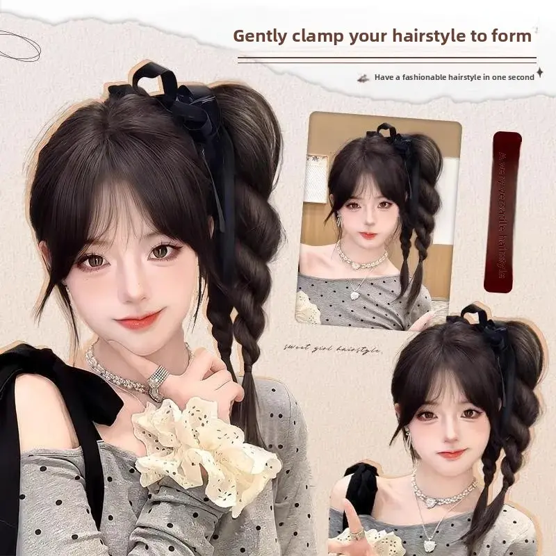 Women's Fake Hair Braids High Ponytail Side Tail Realistic Hair Natural Fluffy Hair Clip on Braids Asian Fiber Tail