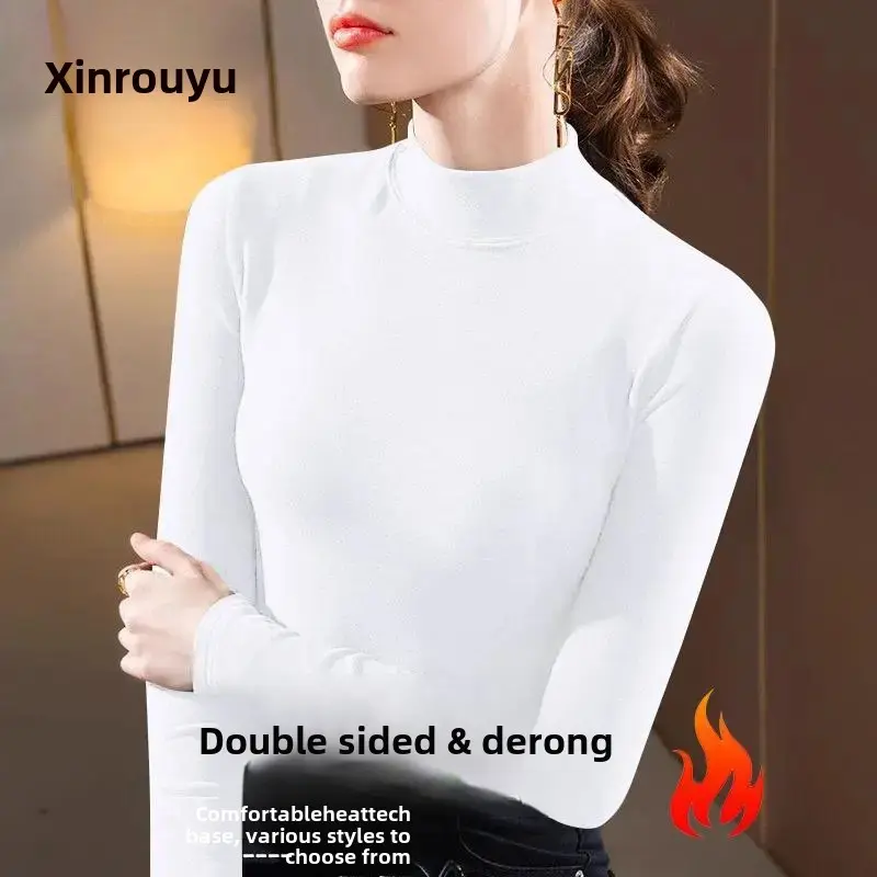 Women's Fleece Lined Half High Neck Double Sided Warm Base Shirt Simple Fashionable Slimming Spring Autumn Top Korean Style
