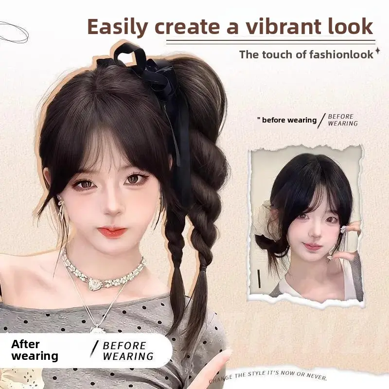 Women's Fake Hair Braids High Ponytail Side Tail Realistic Hair Natural Fluffy Hair Clip on Braids Asian Fiber Tail