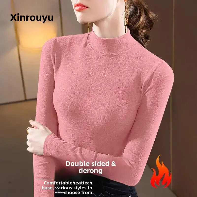 Women's Fleece Lined Half High Neck Double Sided Warm Base Shirt Simple Fashionable Slimming Spring Autumn Top Korean Style