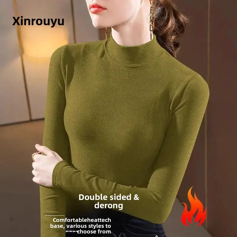 Women's Fleece Lined Half High Neck Double Sided Warm Base Shirt Simple Fashionable Slimming Spring Autumn Top Korean Style