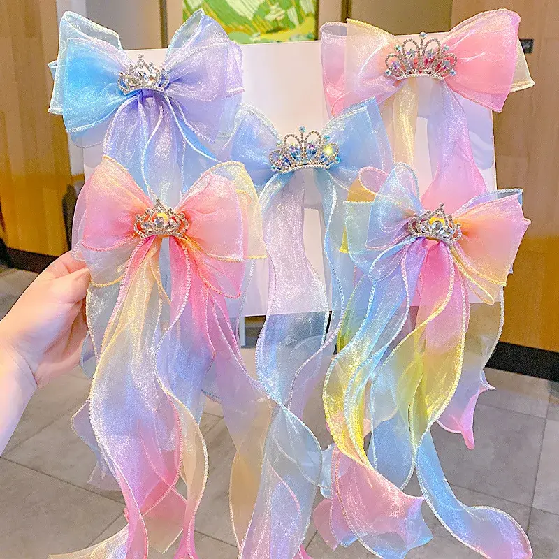 Princess Crown Butterfly Knot Hair Accessory Rainbow Gradient Color Children's Girls Baby Braiding Headwear Salon Fixed Hair Cli